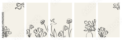 Minimal vintage floral poster set with hand-drawn line art flowers, tulips, wildflowers, bows and vase arrangements isolate on background. Wall art, cards, stationery and social media graphics. Vector