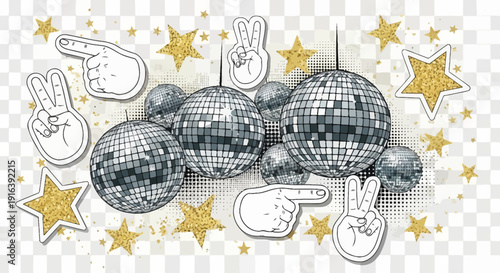 disco ball party, peace signs and stars