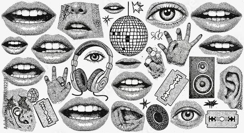 vintage lips and eyes art, disco ball, rock and roll, grunge style