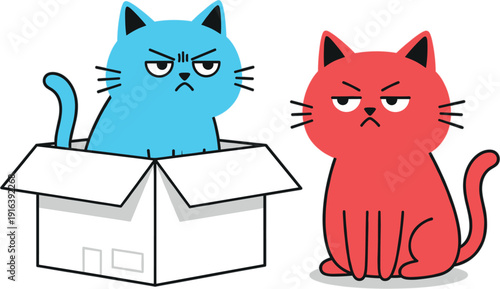 Cute angry cats cartoon characters, blue cat sitting in box and red cat beside it, funny flat vector illustration isolated background