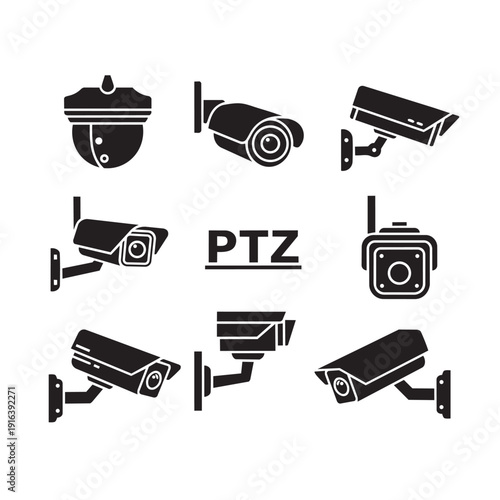 Vector icon set of black security cameras including dome, bullet, and PTZ types, isolated on a white background for website UI or app branding.