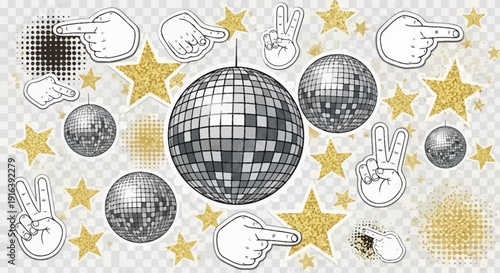 Disco ball party background with stars and hand gestures