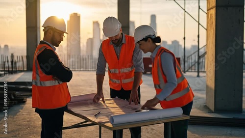Diverse Team of Construction Workers Collaborating Over Blueprints at Urban Building Site During Sunset