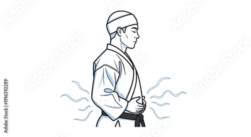 Martial Artist Meditating, Focusing Energy in Tanden, Black Belt, White Gi