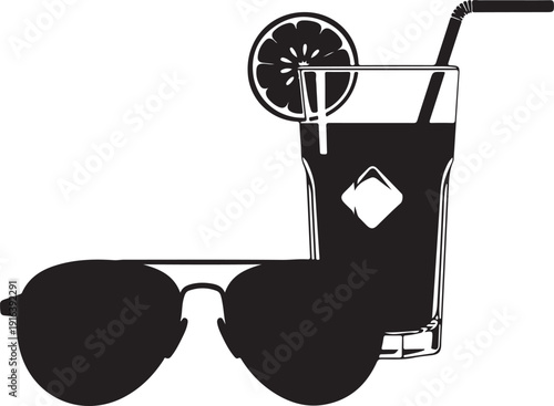 A black and white image of sunglasses and a drink Vector, illustration