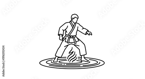 Martial Arts Master Performing Fire Element Technique on Water Circle