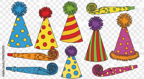 Colorful party hats and noisemakers on white background