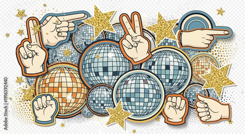 disco ball party, retro style, glitter stars, hand gestures, celebration