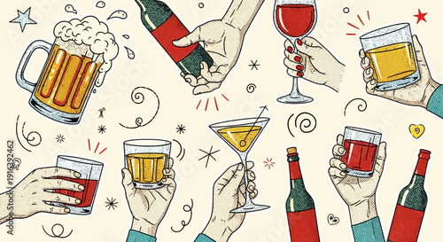 hands holding alcoholic drinks, cocktails and bottles illustration