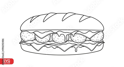 Meatball Sub Sandwich Outline - Delicious Food Illustration