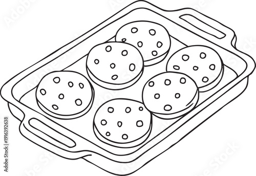 Line Drawing Illustration of Chocolate Chip Cookies on Oven Tray