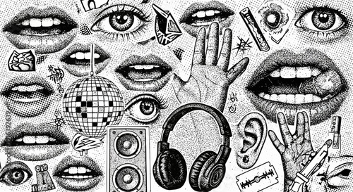surreal black and white collage, eyes and lips, music
