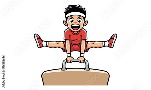 Boy Gymnast Doing Split Vault Exercise on Pommel Horse Illustration