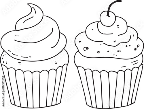 Line Drawing Illustration of Muffin Cupcake with Sweet Cream and Cherry on Top