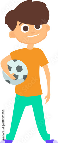 Smiling boy with soccer ball. School kid character