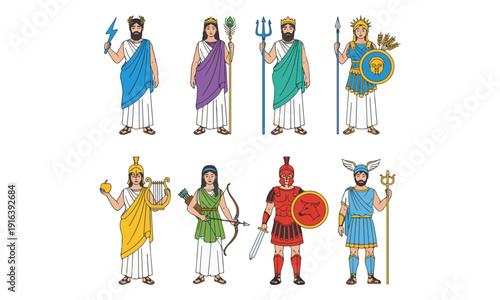 Olympian Greek Gods and Goddesses Line Art Characters Set