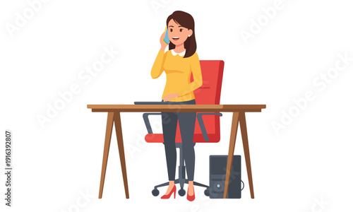 Professional Woman Talking on Mobile Phone while Standing at Office Desk