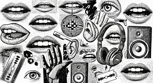 music and art collage, lips, eyes, disco ball, headphones, razor blades