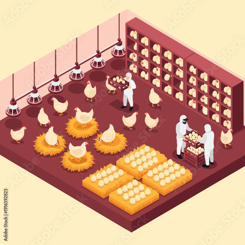 Chicken Farm Illustration with Workers and Feed.