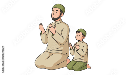 Muslim Father and Son Praying Du'a, Teaching Salat Illustration