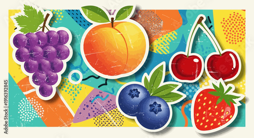 Colorful fruit sticker set on abstract background