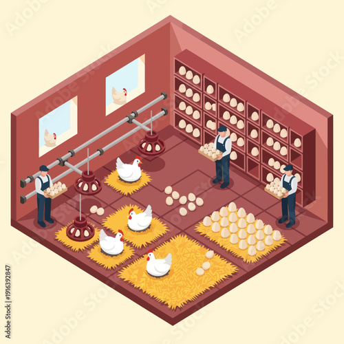 Chicken Farm Workers Collecting Eggs from Poultry.