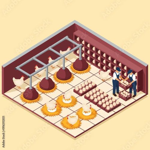 Farmers Collecting Eggs from Chicken Coop.