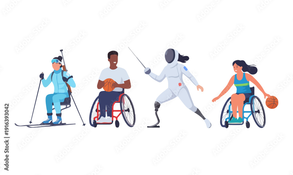 Fototapeta premium Para Athletes Group Doing Biathlon, Wheelchair Basketball, and Fencing