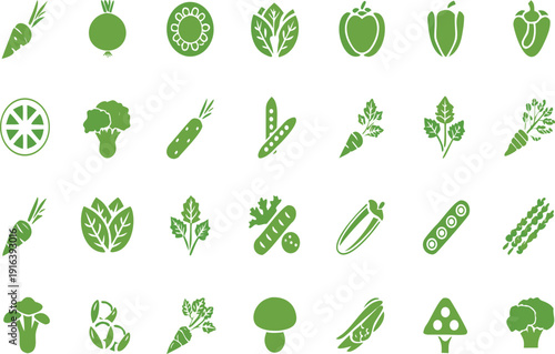 Organic set of green vegetables and eco leaf icons featuring a vector design symbol for nature and bio environment illustration