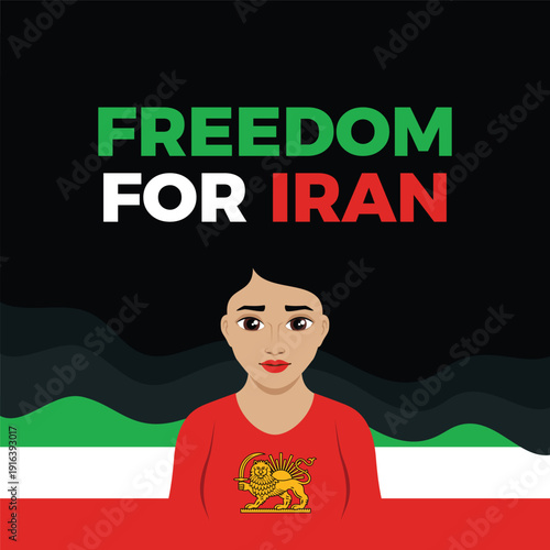 Freedom for Iran text with a young woman vector illustration. Woman face and unofficial iran flag icon. Beautiful girl with iranian flag symbol. Template for background, banner, card, poster