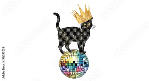 black cat wearing crown on disco ball, party animal concept