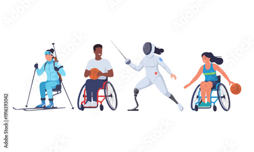 Para Athletes Group Doing Biathlon, Wheelchair Basketball, and Fencing