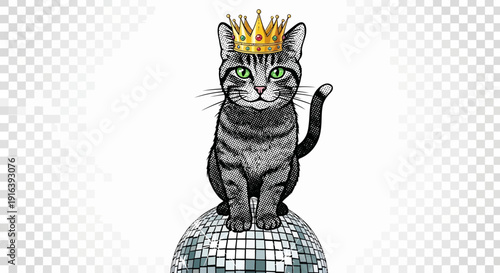cat king on disco ball, golden crown, animal portrait