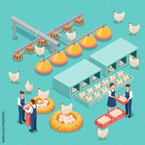 Poultry Farm Workers Handling Chickens and Eggs.
