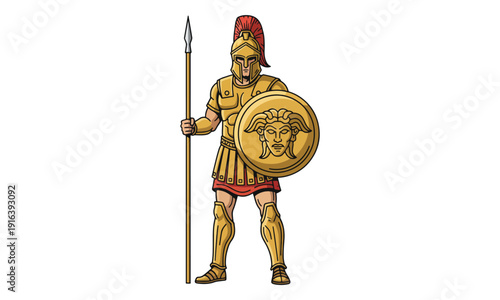 Ancient Warrior Soldier in Gold Armor with Spear and Gorgon Shield