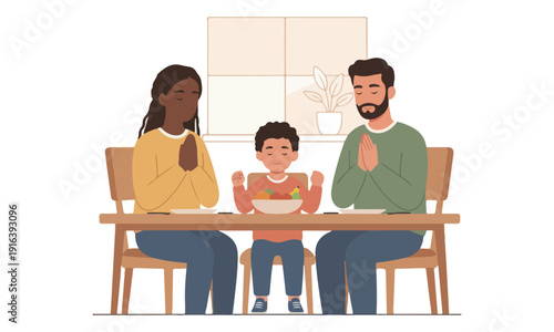 Family Saying Grace Before Meal at Dining Table Vector Illustration