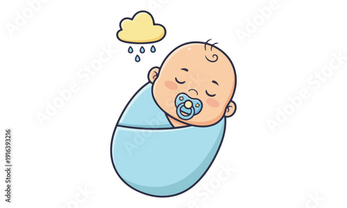 Sleeping Baby Swaddled in Blue Blanket with Pacifier and Rain Cloud Icon