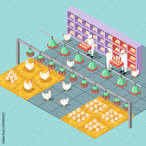 Farm chickens and eggs in poultry facility.