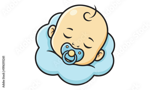 Sleeping Newborn Baby Head with Pacifier Resting on Blue Cloud