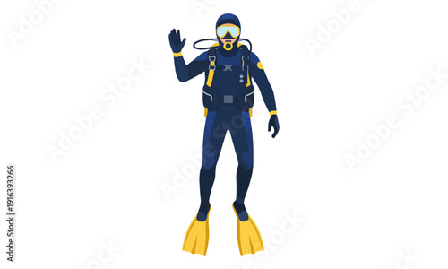 Scuba Diver in Wetsuit and Fins Waving Hand Isolated Vector Icon