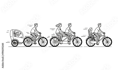 Different Family Cycling Modes: Rickshaw, Tandem, and Child Seat.