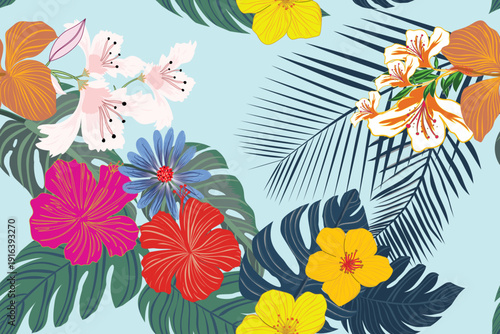 A vibrant Hawaiian tropical floral pattern featuring colorful orchids, hibiscus, and lush exotic leaves on a light turquoise background. Ideal for fabric printing, summer fashion, beachwear, ome décor