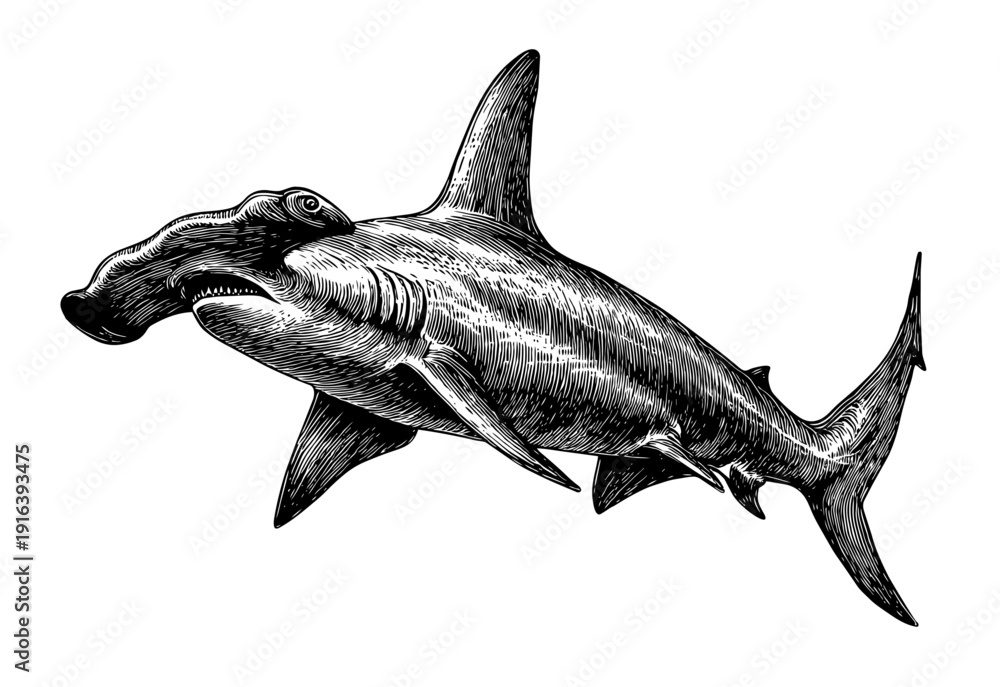 Fototapeta premium Scalloped hammerhead shark swimming, black ink engraving isolated on white, sketch of marine predator as vintage naturalistic vector illustration