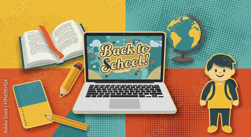 back to school concept, laptop, books and globe illustration