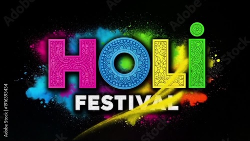 Holi festival celebration colorful text with paint splashes