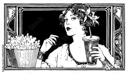 Roaring Twenties woman with lilies in hair with soda paper cup in hand and popcorn paper basket on table, in ornate frame on black background, vintage sketch vector illustration with copy space