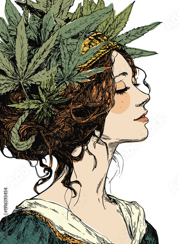 Marijuana leaves in hair of beautiful smiling woman in green dress, retro Art Nouveau portrait isolated on white, vertical vintage sketch on cannabis theme	