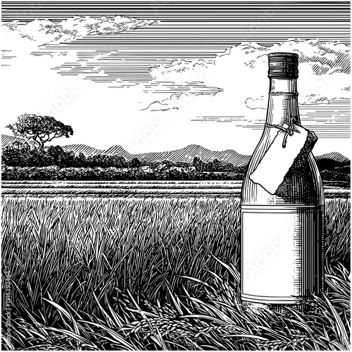 Bottle of rice wine in rice field with blank label and paper tag around bottle neck, black and white vector illustration with copy space, ink engraving style with landscape on background