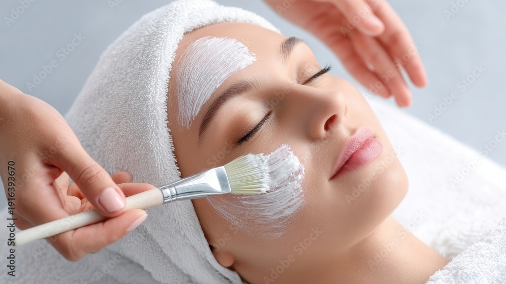 Fototapeta premium Woman receiving hydrating facial mask application enjoying relaxing beauty spa skincare treatment and professional