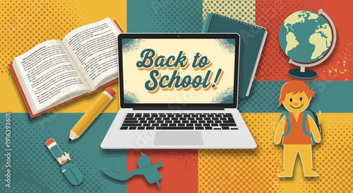 back to school laptop, books, globe, student illustration